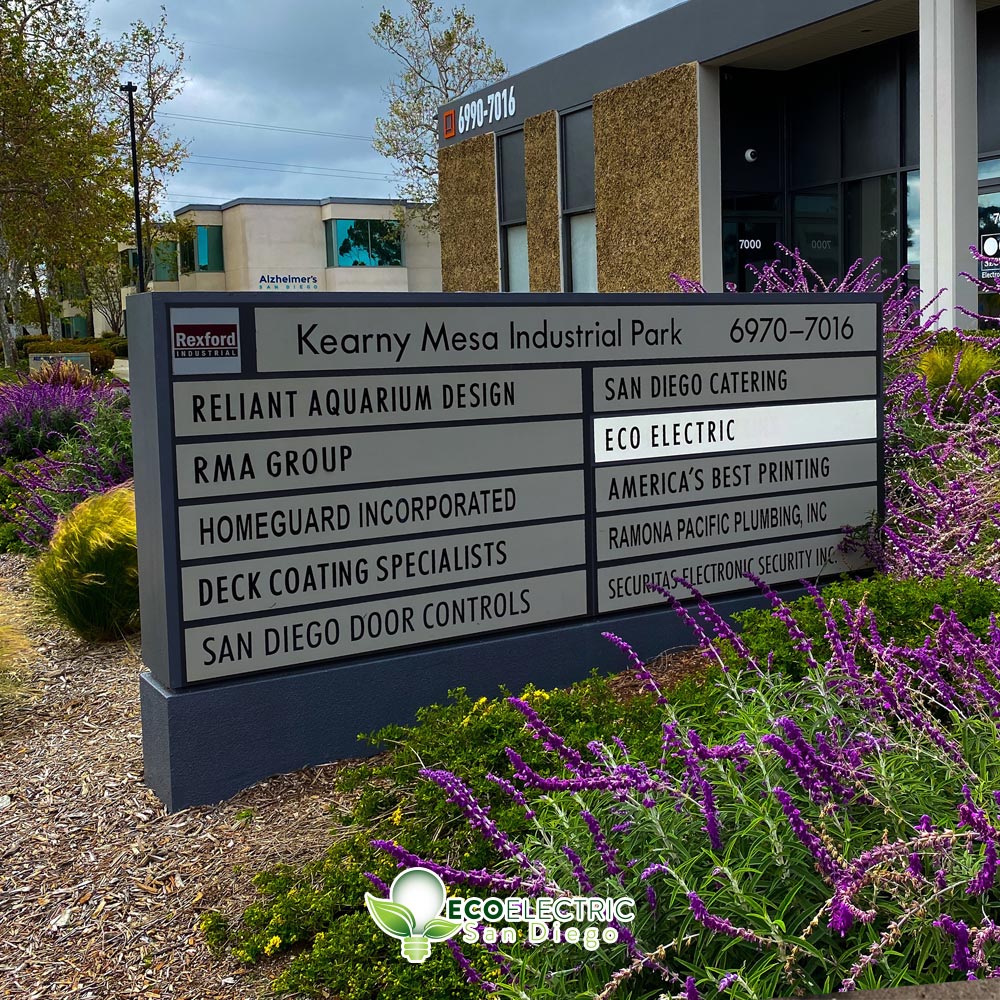 Kearny Mesa Industrial Park sign with Eco Electric San Diego highlighted