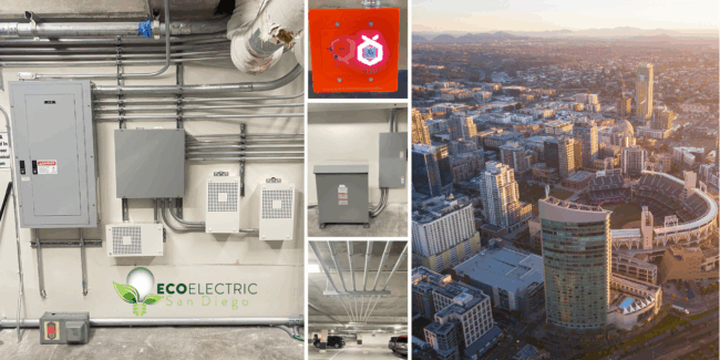 Eco Electric San Diego installing EV charging stations in luxury downtown high-rise condo" "Electrician mounting Tesla-compatible EV charger in upscale parking garage" "Completed EV charging installation on second-floor garage with dedicated circuit conduit" "New 208V panel installed by Eco Electric San Diego for EV infrastructure upgrade" "Multiple EV charging outlets installed in high-end San Diego condominium" "EV chargers mounted in assigned parking stalls of luxury multi-family building" "Core drilling through concrete garage floor for EV panel conduit access" "Step-down transformer converting 480V to 208V for EV chargers in San Diego high-rise"