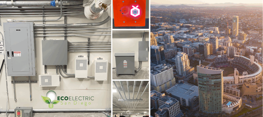 36 EV Chargers in Luxury Downtown High-Rise Condo Eco Electric San Diego installing EV charging stations in luxury downtown high-rise condo" "Electrician mounting Tesla-compatible EV charger in upscale parking garage" "Completed EV charging installation on second-floor garage with dedicated circuit conduit" "New 208V panel installed by Eco Electric San Diego for EV infrastructure upgrade" "Multiple EV charging outlets installed in high-end San Diego condominium" "EV chargers mounted in assigned parking stalls of luxury multi-family building" "Core drilling through concrete garage floor for EV panel conduit access" "Step-down transformer converting 480V to 208V for EV chargers in San Diego high-rise"