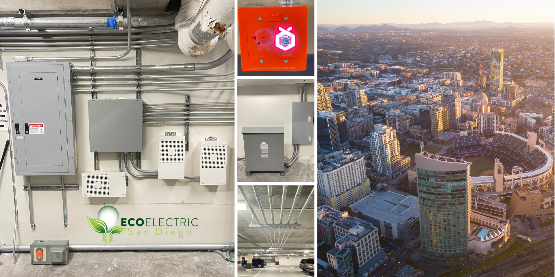 Eco Electric San Diego installing EV charging stations in luxury downtown high-rise condo" "Electrician mounting Tesla-compatible EV charger in upscale parking garage" "Completed EV charging installation on second-floor garage with dedicated circuit conduit" "New 208V panel installed by Eco Electric San Diego for EV infrastructure upgrade" "Multiple EV charging outlets installed in high-end San Diego condominium" "EV chargers mounted in assigned parking stalls of luxury multi-family building" "Core drilling through concrete garage floor for EV panel conduit access" "Step-down transformer converting 480V to 208V for EV chargers in San Diego high-rise"